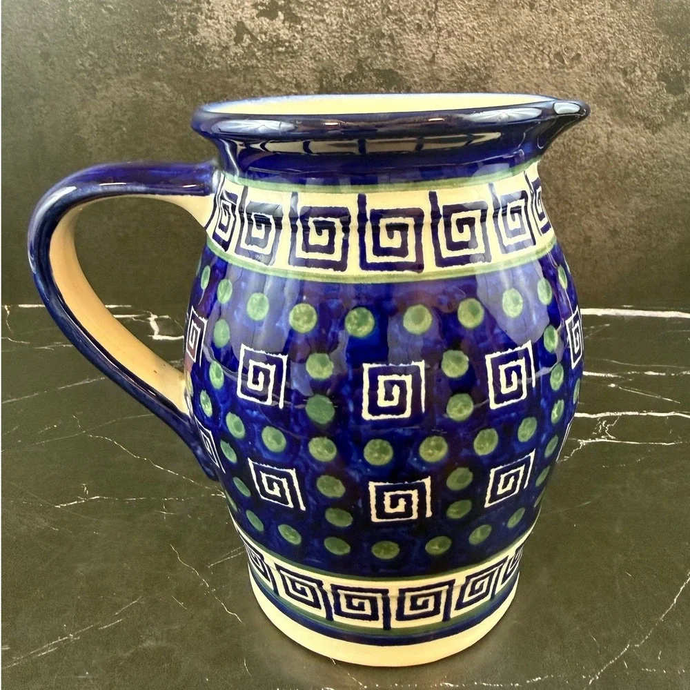 Greek Key Blue Green Stoneware 7in Tall Pitcher Heavy Boleslawiec Polish Style